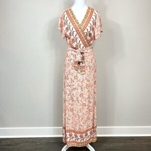 Womens Floral Short Sleeve Boho V Neck Wrap Maxi Dress Size Medium Cottagecore